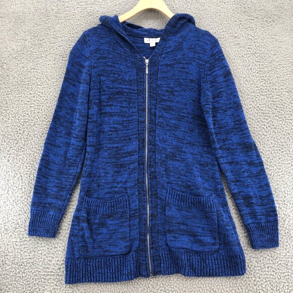 D & Co Sweater Womens XXS Blue Marled Cardigan Full Zip Hooded Pockets Lounge - Picture 2 of 10
